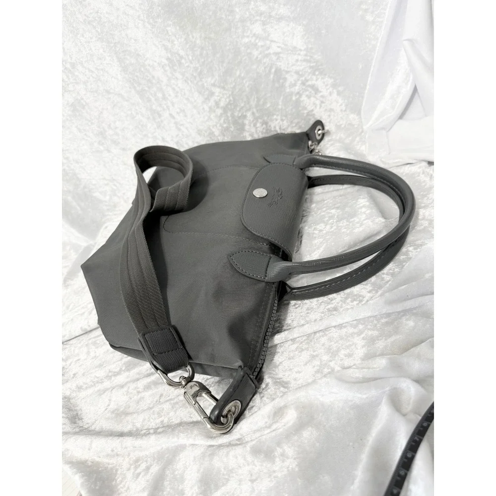 Longchamp Le Pliage Shopping Depose Handbag Grey Nylon Leather Crossbody Satchel